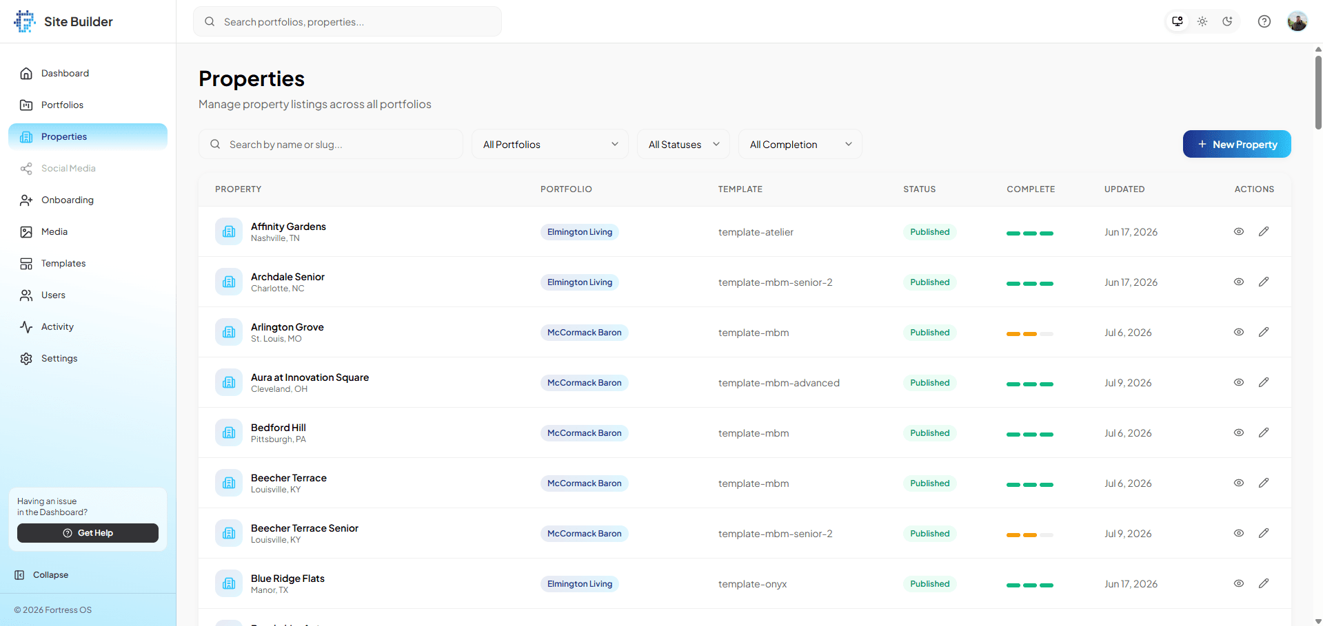 Fortress Site Builder properties list showing multiple community websites and publish status