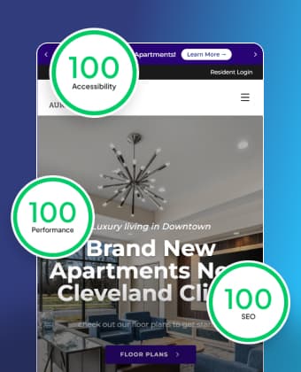Lighthouse scores of 100 for performance, accessibility, and SEO on a Fortress property site