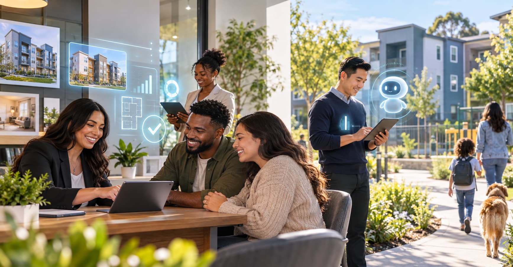 A leasing team and prospects review tablets at an outdoor table outside a modern apartment community, with faint UI graphics overlaid.