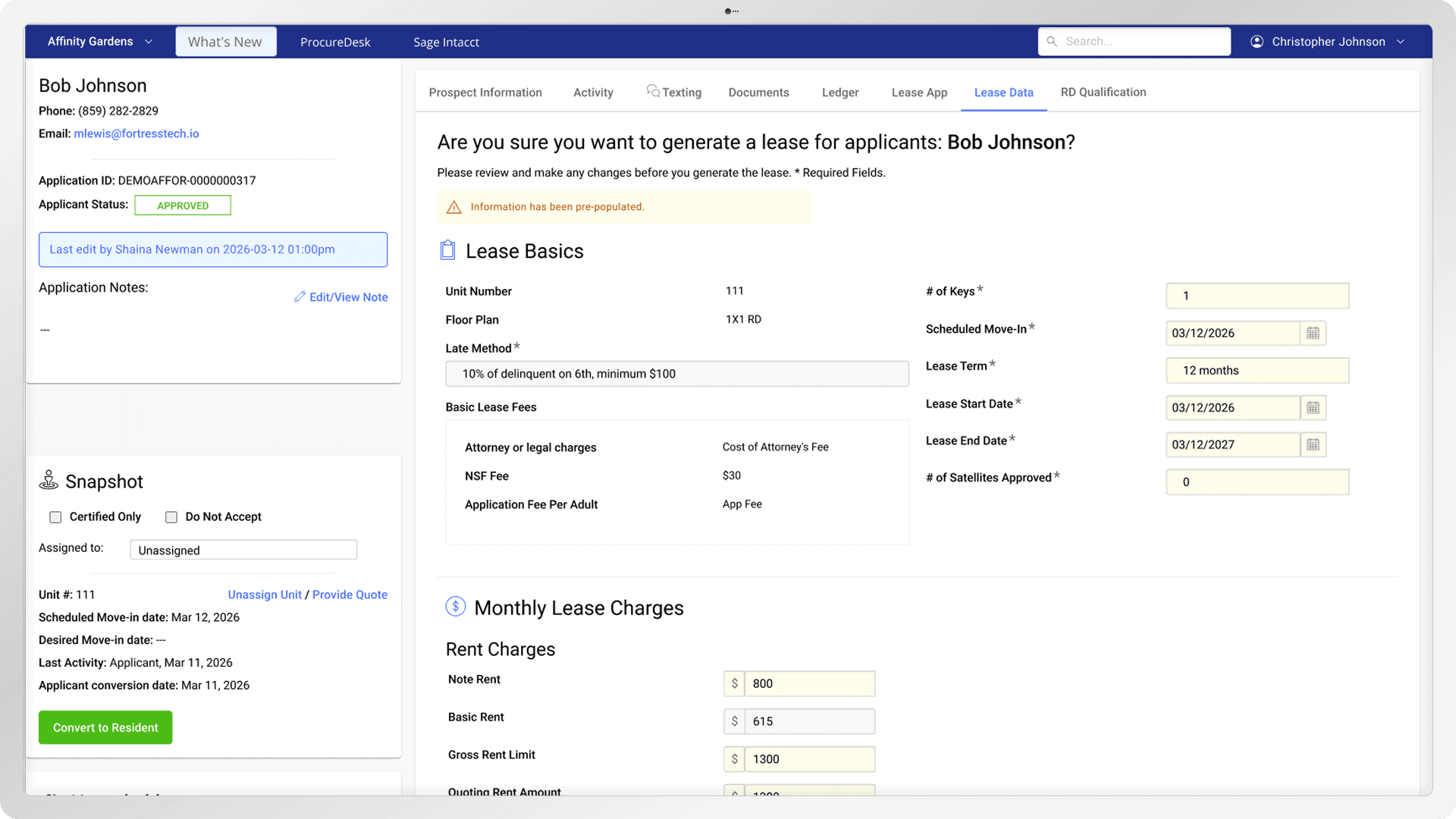 The Lease Data screen in the Fortress OS dashboard, generating an affordable-housing lease with HUD rent-limit compliance checks built in.