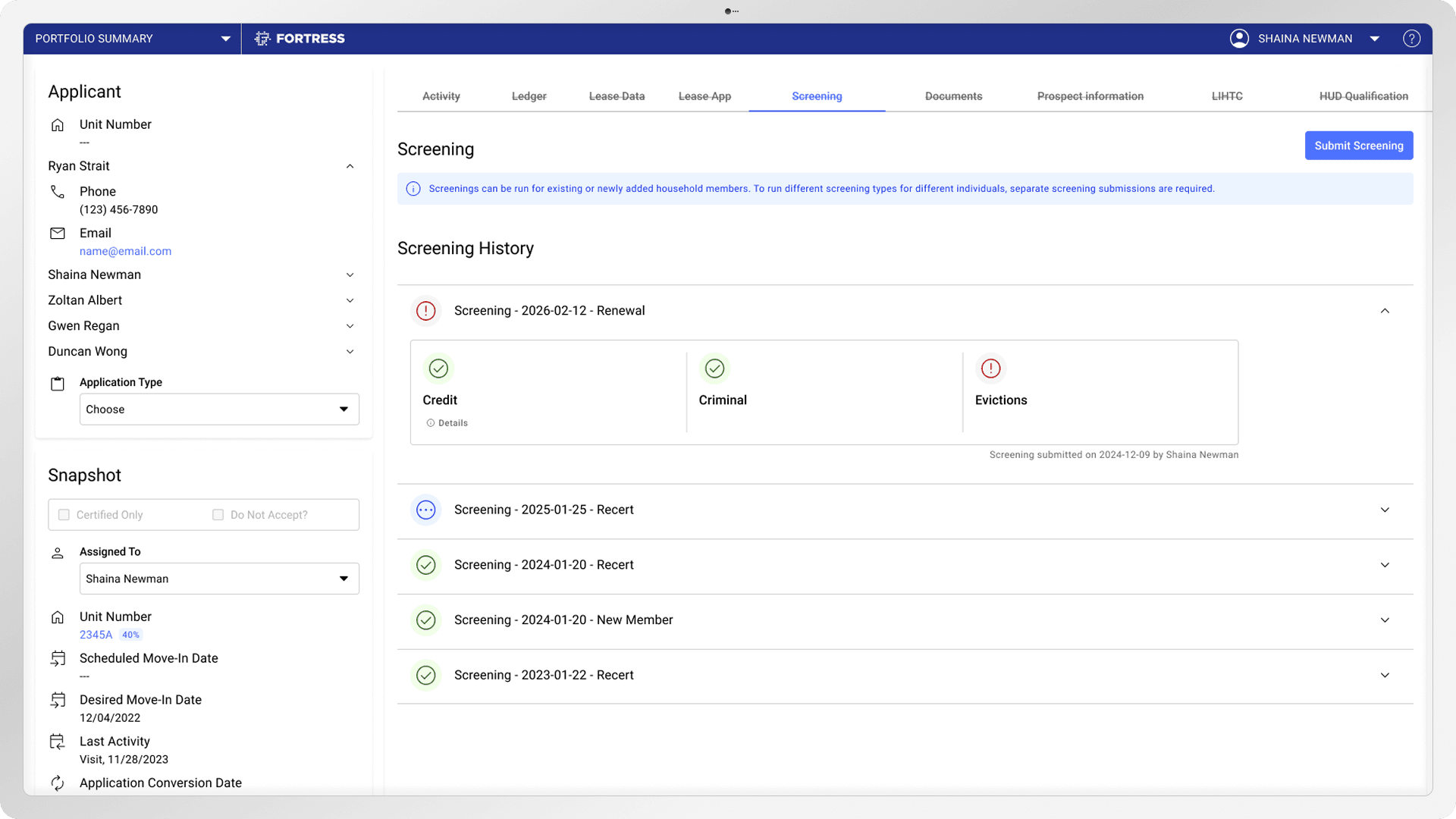 The Screening tab in the Fortress OS dashboard — screening history with credit, criminal, and eviction results on a resident profile.