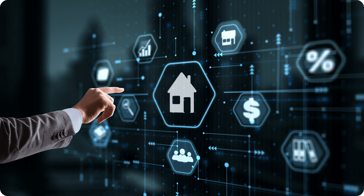 Businessman presses a button Smart home Automation Control System
