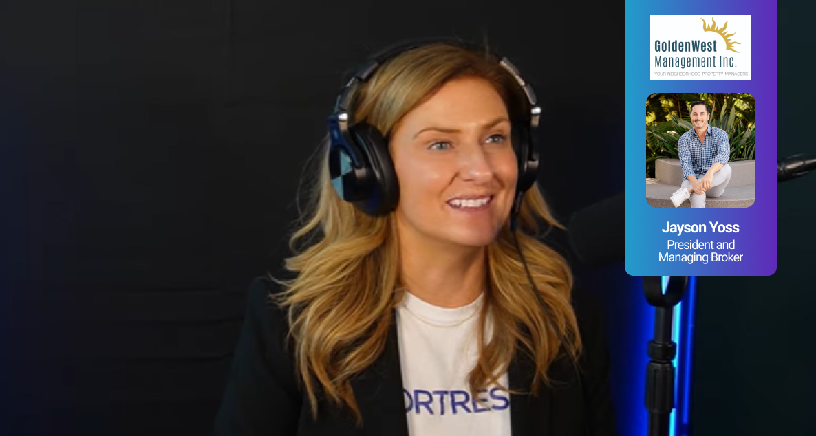 Kerri Davis, Founder and CEO of Fortress OS sitting in a podcast studio with a call out headshot of Jayson Yoss and GoldenWest Management's logo