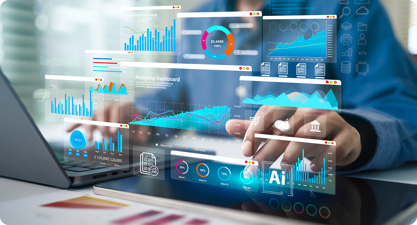 Businessman using laptop computer analyzing sales data, financial growth graph chart report