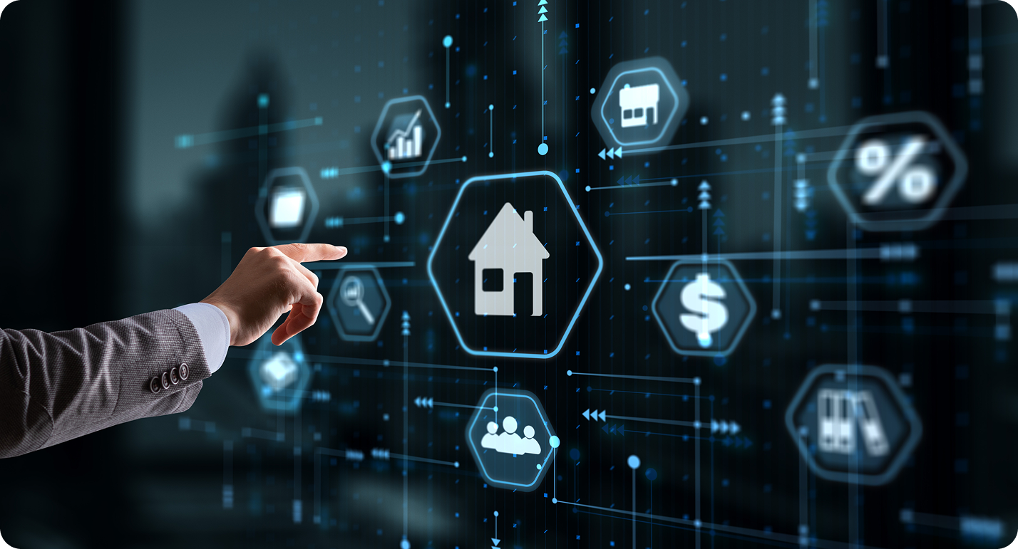 Businessman presses a button Smart home Automation Control System